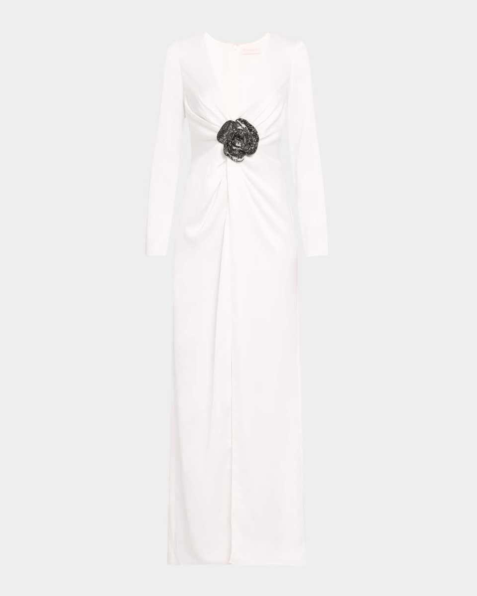 Daryl Deep V-Neck Floral Applique Column Gown